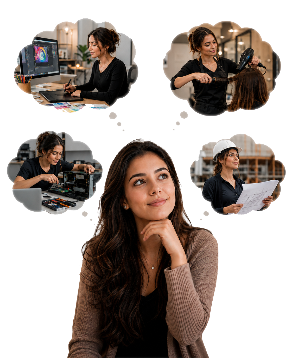 Mulher pensando no futuro profissional com opções de cursos Informatize